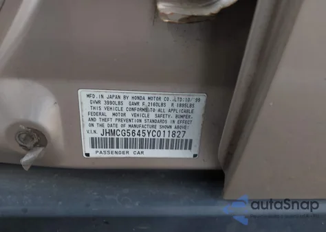 2000 Honda Accord 2.3 Lx из США, поврежденный, VIN JHMCG5645YC011827